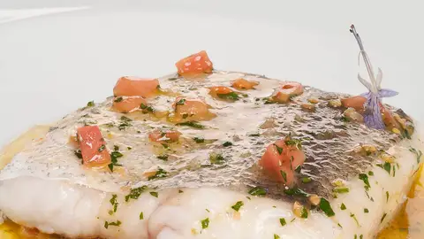 Merluza al vapor, vinagreta de tomate y aceite de trufa blanca Merluza al vapor, vinagreta de tomate y aceite de trufa blanca