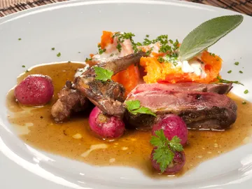 Paloma con boniatos y rábanos Paloma con boniatos y rábanos