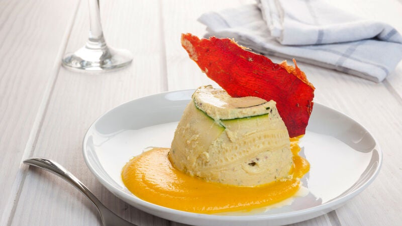 Flan de calabacín con crujiente de jamón